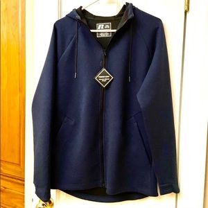 Russell 34-36 men’s all weather jacket with sipper pockets and hoodie. NWT